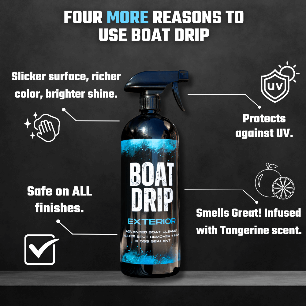 Boat Drip - Exterior Boat Hull Cleaner 3 PackThe best boat cleaning spray - Boat Drip. Remove hard water spots / dirt / grime, and protect your boat paint with this one spray! Boat Drip offers a premium water spot remover and high gloss sealant, deliverin