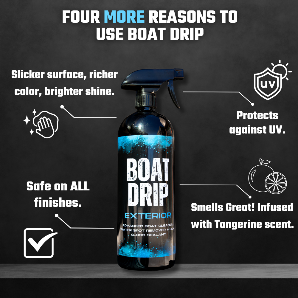 Boat Drip - Exterior Boat Hull Cleaner 2 PackThe best boat cleaning spray - Boat Drip. Remove hard water spots / dirt / grime, and protect your boat paint with this one spray! Boat Drip offers a premium water spot remover and high gloss sealant, deliverin