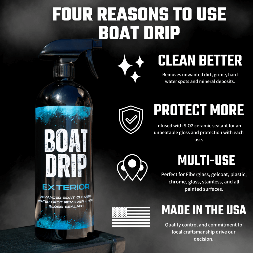 Boat Drip - Exterior Boat Hull Cleaner 3 PackThe best boat cleaning spray - Boat Drip. Remove hard water spots / dirt / grime, and protect your boat paint with this one spray! Boat Drip offers a premium water spot remover and high gloss sealant, deliverin